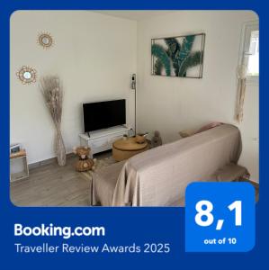 a living room with a couch and a tv at T2 Cosy avec jardin Barcares Village in Le Barcarès