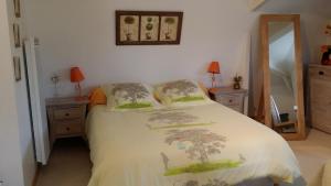 um quarto com uma cama, 2 candeeiros e um espelho em l'Améthyste em Saumur