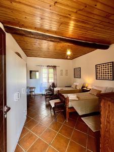 a bedroom with two beds in a room with wooden ceilings at Podere Scoldasu - Diana in Massa Marittima
