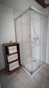 a glass shower in a bathroom with towels at Ferienwohnung La Maison Palatinate in Kapsweyer