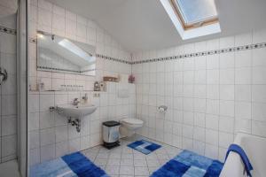 a bathroom with a sink and a toilet and blue mats at Ferienwohnung Alpenrose in Bad Reichenhall +16 photos