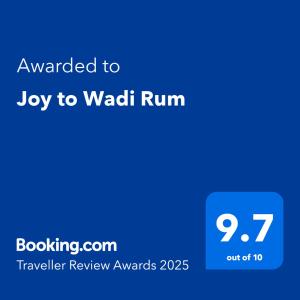 Certifikát, hodnocení, plakát nebo jiný dokument vystavený v ubytování Joy to Wadi Rum