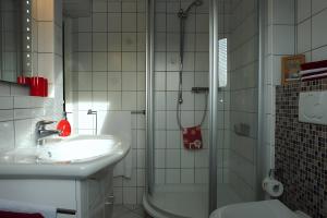 une salle de bain avec lavabo et douche dans l'établissement Ferienwohnung Neumann, à Wesselburen 20 autres photos