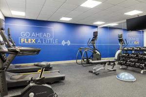 une salle de sport avec des appareils de cardio et un mur bleu dans l'établissement Holiday Inn Express & Suites Chicago - Matteson by IHG, à Matteson