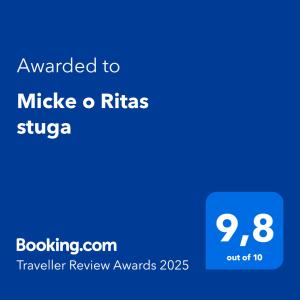 Certifikát, hodnocení, plakát nebo jiný dokument vystavený v ubytování Micke o Ritas stuga
