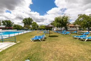a row of blue lounge chairs next to a swimming pool at Parque de Campismo Orbitur Evora in Évora