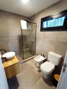 a bathroom with a toilet and a sink and a shower at Bosque Cipreses Sur in San Carlos de Bariloche