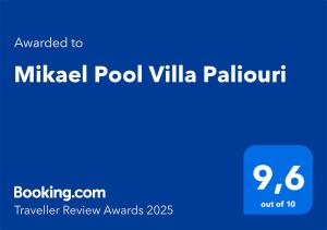 Сертификат, награда, вывеска или другой документ, выставленный в Mikael Pool Villa Paliouri