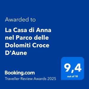 a blue text box with the words awarded to la casa da amana ne at La Casa di Anna nel Parco delle Dolomiti Croce d' Aune 1000 ml slm in Pedavena