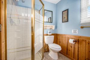 a bathroom with a toilet and a shower at Pure Michigan At Pine Lake - Swim, Boat, Fun! in Plainwell