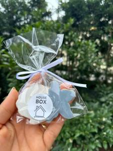 een persoon met een bloembak in een hand bij Box 07 a 950 mt do mar, ar- condicionado, TV smart, cozinha privativa in Itapema