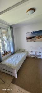 a bedroom with a bed and two windows at Dom letniskowy nad jeziorem Wigry Staw Suwalszczyzna in Suwałki