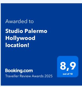 a screenshot of a cell phone with the text awarded to studio palomo hollywood at Studio Palermo Hollywood location! in Buenos Aires