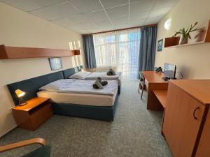 En eller flere senge i et værelse på Penzion Neptun