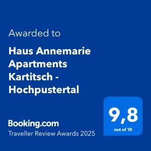 Haus Annemarie Apartments Kartitsch - Hochpustertal tanúsítványa, márkajelzése vagy díja