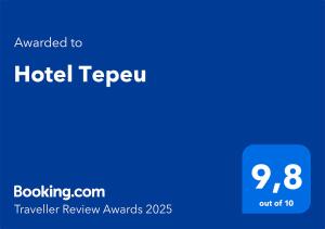 a blue screen with the hotel reveru on it at Hotel Tepeu in Santa Elena