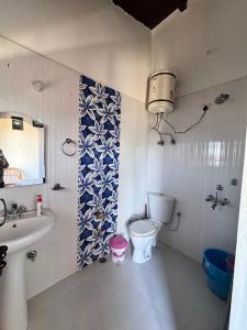 a bathroom with a sink and a toilet and a mirror at Ikai Retreat in Mukteswar