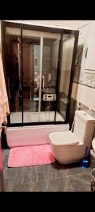 baño con aseo y alfombra rosa en المنصوره الدقهليه, en El Mansurá