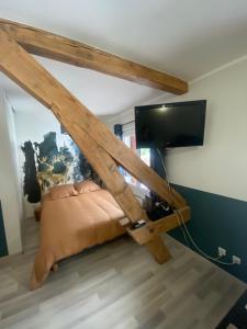 a bed in a room with a tv on a wall at Entre lac et montagne 2 in Sévrier
