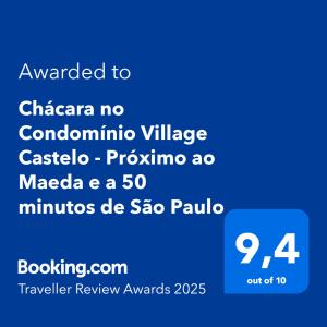 Vottorð, verðlaun, skilti eða annað skjal til sýnis á Chácara no Condomínio Village Castelo - Próximo ao Maeda e a 50 minutos de São Paulo