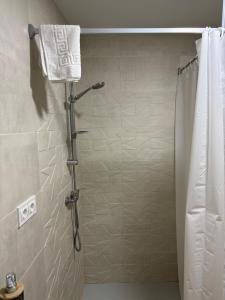 a bathroom with a shower with a towel on a shower curtain at Apartament Gritella ( Cim Apartaments ) in Cornudella