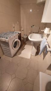 a bathroom with a toilet and a sink and a washing machine at Appartamento Valeriana in Incudine