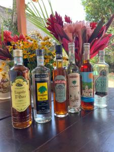 a group of bottles of alcohol sitting on a table at Casa Centro Historico in Paraty