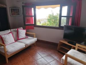 a living room with a couch and a flat screen tv at Acogedor apartamento al sur de la Sierra de Gredos in Poyales del Hoyo