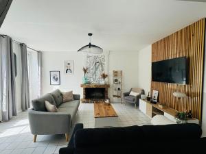 a living room with a couch and a tv at Belle maison de ville in Alençon