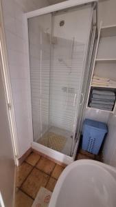 a bathroom with a toilet and a glass shower at Le Petit Bouleau in Saint-Pardoux-la-Rivière +29 photos