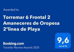 Certifikát, hodnocení, plakát nebo jiný dokument vystavený v ubytování Torremar 6 Frontal 2 Amaneceres de Oropesa 2ªlinea de Playa