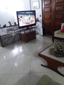 een woonkamer met een televisie op een tafel bij Chacara Casa de Campo in Tietê