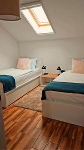 StrahoninecにあるMella holiday homeのベッドルーム1室(ベッド2台、天窓付)
