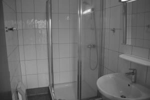 La salle de bains est pourvue d'une douche et d'un lavabo. dans l'établissement Gasthof Laggner, à Steindorf am Ossiacher See