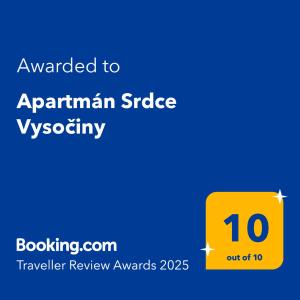 Certifikát, hodnocení, plakát nebo jiný dokument vystavený v ubytování Apartmán Srdce Vysočiny