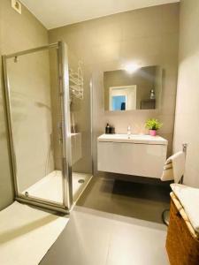 a bathroom with a glass shower and a sink at Airy and spacious 3 Bedroom w terrace&parking in Luxembourg +12 photos