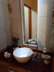 ein Waschbecken im Bad mit einer großen weißen Schüssel auf der Theke in der Unterkunft Cabañas del Bosque in Santa Teresita