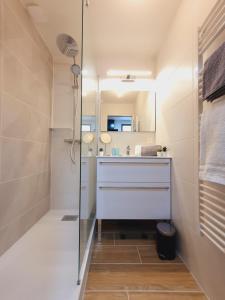 une salle de bain avec un lavabo et une douche dans l'établissement T2 cœur de ville moderne CLIM WIFI Terrasse - ROSSIconciergerie - Linge en option, à La Grande Motte 19 autres photos