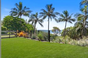 un jardín con palmeras en el fondo en Mooloomba Four by Discover Stradbroke, en Point Lookout