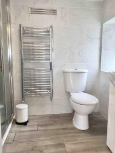 a white bathroom with a toilet and a shower at Brownes Sea View Cottage No 2 Dungloe 14km in Lettermacaward