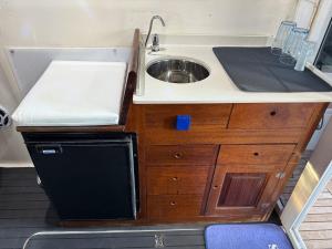 a small kitchen with a sink and a sink at Barco Puerto Calero in Puerto Calero