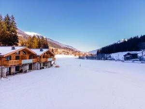 domek na zamarzniętym jeziorze w śniegu w obiekcie Felsener Wald w mieście Wald im Pinzgau