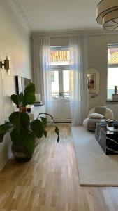 ein Wohnzimmer mit einer Pflanze in der Mitte in der Unterkunft Tågaborg in Helsingborg