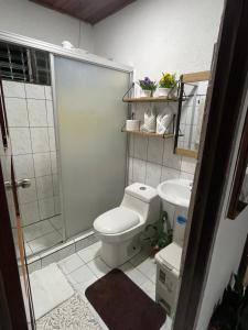 Un baño con ducha, inodoro y lavabo. en Downtown volcano House, en Fortuna 11 fotos más