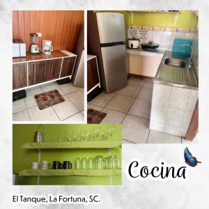 a collage of three pictures of a kitchen at Morpho Casa Vacacional in Fortuna +3 photos