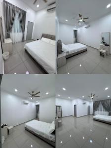 four images of a bedroom with two beds and a ceiling fan at 双层排楼民宿8号 in Segamat