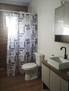 un bagno con un water e una tenda da doccia di Hospedagem Pantano Grande a Pântano Grande