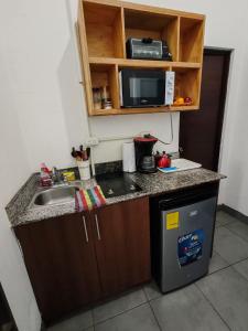 a small kitchen with a sink and a microwave at Apartamento zona 1 in Guatemala