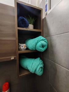 a bathroom with green towels on shelves in a shower at Apartamento zona 1 in Guatemala