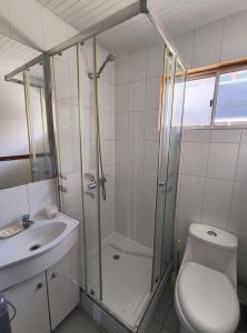 a bathroom with a shower and a toilet and a sink at Arriendo Vacaciones Futrono in Futrono